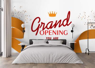 Grand opening invitation design with gold ribbons, crown and confetti. Festive template can be used for banners, flyers, posters. Wall mural