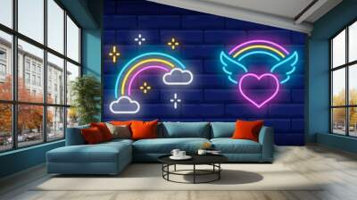 LGBT symbols neon sign set. Rainbow, heart, wings, male. Vector illustration in neon style, bright banner for topics like homosexual relationships, gay pride, community Wall mural