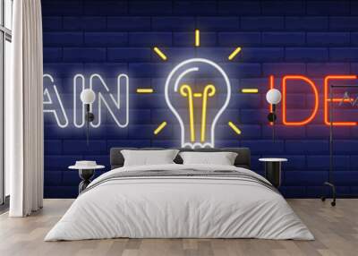 Main idea neon text with glowing light bulb. Idea concept design. Night bright neon sign, colorful billboard, light banner. Vector illustration in neon style. Wall mural