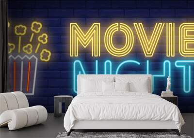 Movie night neon text with popcorn paper box Wall mural