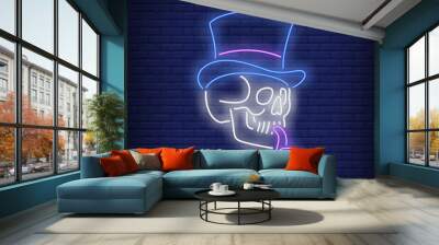 Skull with pipe and topper hat neon sign Wall mural