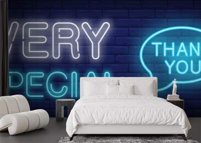 Very special thank you neon sign. Glowing neon inscription with thank you speech bubble on dark blue brick background. Can be used for postcards, banners, web sites Wall mural