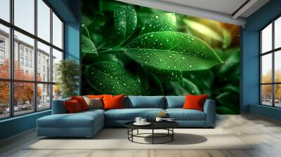 A leaf with water droplets on it Wall mural