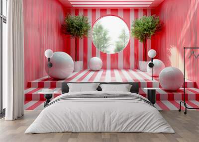 A room with a red and white striped wall and a white and red carpet. There are three white balls and two trees in the room Wall mural