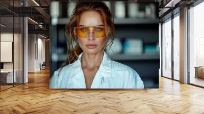 A woman wearing a white lab coat and yellow sunglasses. She is looking directly at the camera. Concept of professionalism and confidence Wall mural