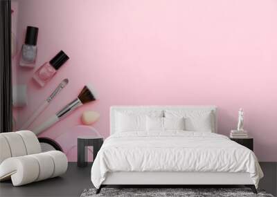 Beauty background with facial cosmetic products. Makeup, skin care concept. Wall mural