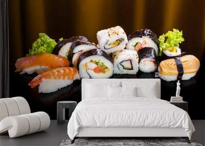 Sushi collection, isolated on black background. Wall mural