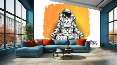 astronaut in spacesuit yoga gestures , hand drawn sketch vector illustration. Wall mural