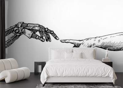 Hands of Robot and Human hands touching with fingers, Virtual Reality or Artificial Intelligence Technology Concept - Hand Draw Sketch Design illustration. Wall mural