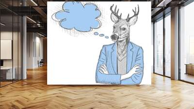 Skech of hipster deer with a empty speech bubble on White Backgr Wall mural