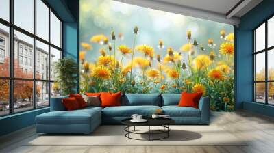 Beautiful spring meadow with wild flowers, dandelions and grass on a blurred background, in the style of sunshine generative AI Wall mural