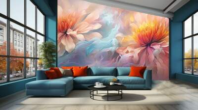 colorful flowers image with flowers watercolor wallpapers, in the style of dark turquoise and light amber, swirling vortexes, i can't believe how beautiful this is, airbrush art AI Generative Wall mural