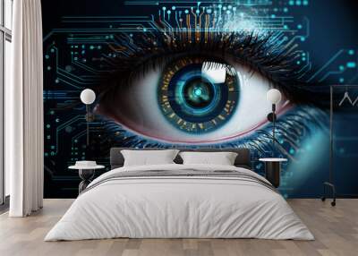 concept of cyber security awareness vs hacker , virus, eye scan , fingerprint ,key , biometric protection Wall mural