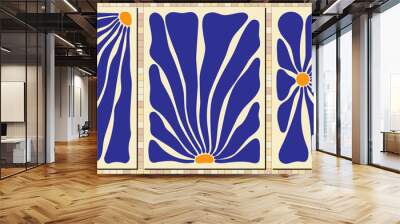 Set of 3 natural organic hand drawn Matisse flower vector shapes in blue and yellow colors for posters,wall art,tshirt,tote bag design with bonus abstract earthy brown roman mosaic tile background Wall mural