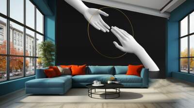 3d illustration of  white decorative female mannequin hand isolated on luxury black background, helping hands inside round frame for partnership concept and jewelry feminist, clean minimal design Wall mural