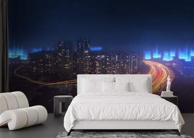 digital modern city with high speed fiber network coverage, abstract futuristic concept of big data technology  Wall mural