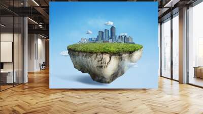 Fantasy floating island with green grass field and cityscape, surreal flying island with skyline city building 3D illustration Wall mural