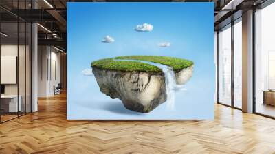 fantasy floating island with river stream on green grass, surreal float landscape with waterfall paradise concept on blue sky cloud 3d illustration Wall mural