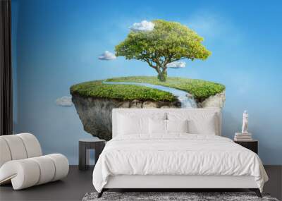 fantasy floating island with river stream on green grass with tree, surreal float landscape with waterfall paradise concept on blue sky cloud 3d illustration Wall mural