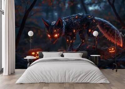 A black and orange fox is walking through a forest with pumpkins Wall mural