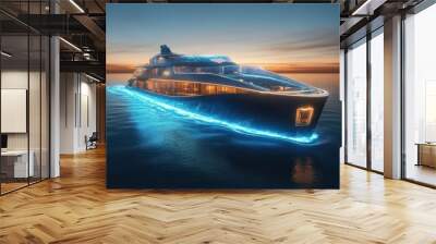 A boat is lit up with blue lights and is sailing on the water Wall mural