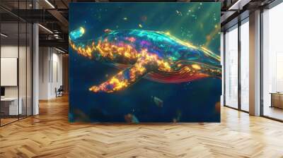 A colorful whale swimming in the ocean Wall mural