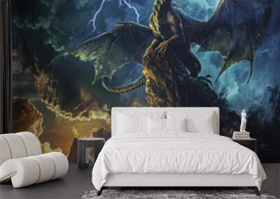 A dragon is perched on a mountain top, with a storm brewing in the background Wall mural