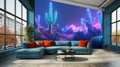 A neon desert scene with a variety of cacti and other plants Wall mural