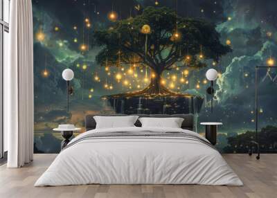 A tree is floating in the sky with a lot of lights around it Wall mural