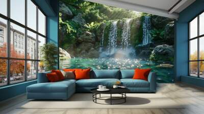 A waterfall is flowing into a pool of water Wall mural