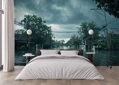 Submerged Street: Dark Storm Clouds over Floodwaters Wall mural