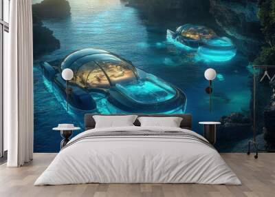 Two futuristic boats are floating on a blue body of water Wall mural