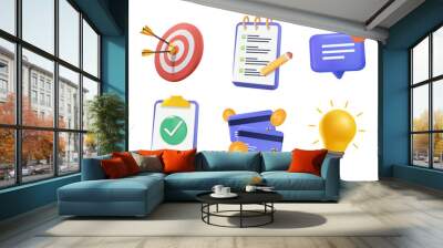 3d Business icons set. Realistic render illustration. Light bulb, target, checklist, credit card. Financial credit card Wall mural