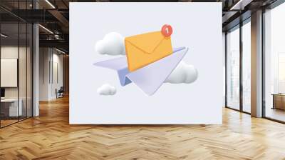 3d paper plane and mail icon with notification of new message. Minimal 3d email sent letter to social media marketing. Subscribe to newsletter. 3d plane icon vector rendering illustration Wall mural