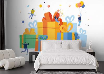 Group of happy people with pile of big gift box, online reward, vector illustration concept, can use for landing page Wall mural