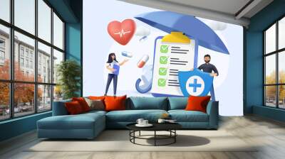 Health insurance 3D concept. Medical document with checklist under the umbrella. Big clipboard healthcare, finance. Wall mural