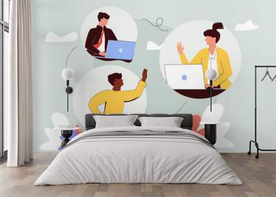 Hybrid team colleagues with distant online video call tiny person concept. Business project meeting using online messaging for distant work vector illustration. Flexible job workspace location choice. Wall mural