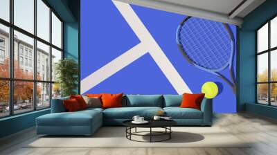 Tennis racket and balls on court 3D illustration in realistic cartoon style for banner. Tennis classes or tournament concept. Sport equipment for athletes, play tennis concept, banner, advertising Wall mural