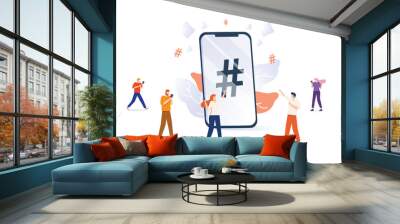 Vector illustration, phone with hashtag sign, people and social networks. Wall mural