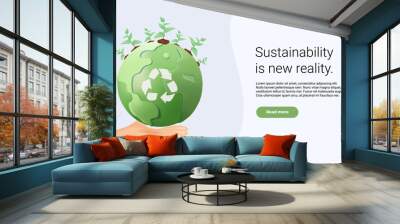 Website landing page or presentation slide layout with 3D render illustration of the concept of sustainability or environmental protection. Save tha earth. 3D render cartoon vector illustration Wall mural