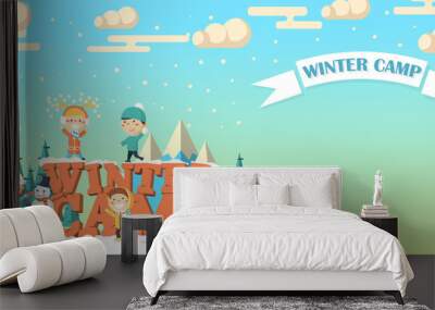 winter camp banner with children Wall mural