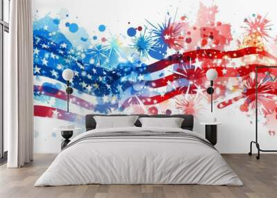 Abstract American flag illustration with splashes of red, white, and blue, featuring stars and fireworks, celebrating patriotic themes. Wall mural