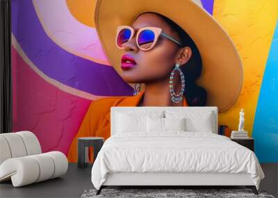 Fashionable woman in a hat and sunglasses, posing against a colorful wall, embodying vibrant summer style and bold accessory choices. Wall mural