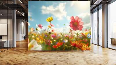 Vibrant wildflower meadow in full bloom under a bright sunny sky, capturing the beauty of nature with colorful flowers and lush greenery. Wall mural