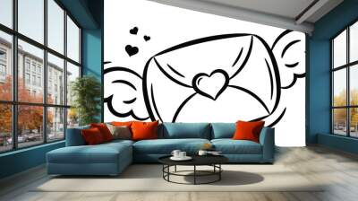 Valentine love flying envelope drawing sketch for coloring Wall mural