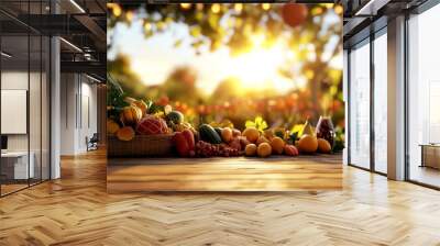 Fresh fruits and vegetables on wooden table, illuminated by warm glowing lights. Wall mural