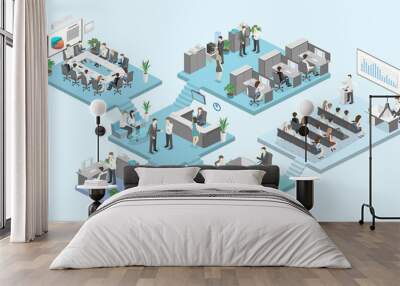 Isometric flat 3d abstract office floor interior departments concept vector. Wall mural