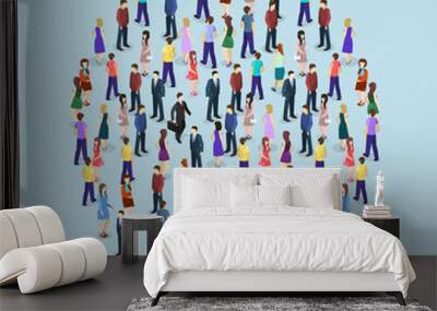 Isometric flat 3D isolated concept vector a large crowd of people standing in the shape of a circle Wall mural