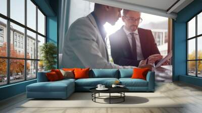 Collaboration, business people and tablet planning for corporate strategy online in a office. Men together in a meeting discussion as management for digital marketing, proposal or deal opportunity Wall mural