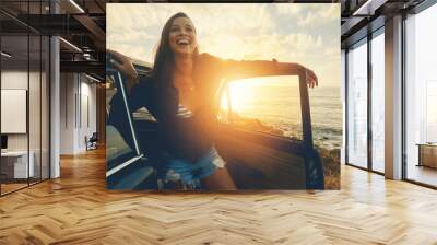 Happy, car and woman on a road trip at the beach for summer, freedom and travel in Spain. Smile, adventure and girl driving on holiday at the ocean for happiness, content and peace with transport Wall mural